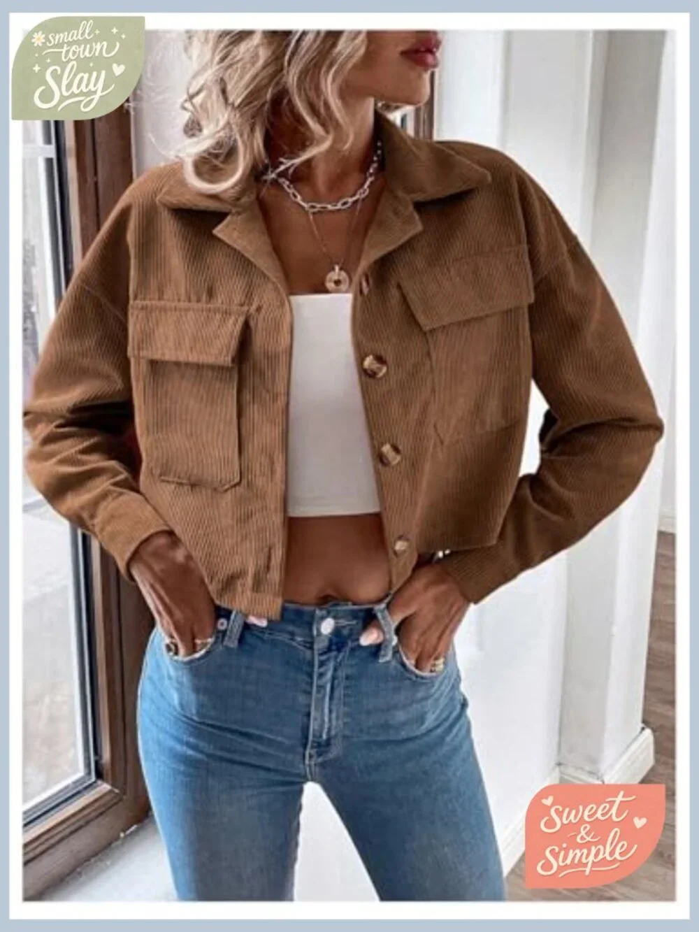 Corduroy Cropped Shacket Jacket Lightweight Long Sleeve Button Down - Picture 4 of 7